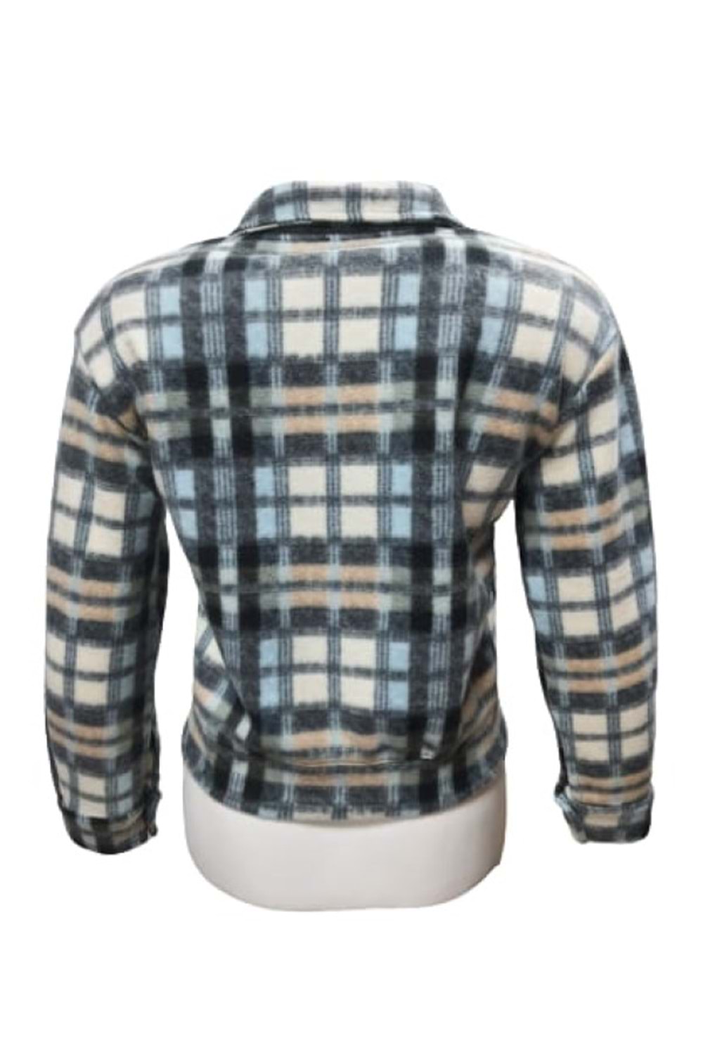 Viya V00792 Kadın Polar Ekose Kareli Fermuarlı Mini Ceket - ST00792-Mavi-L