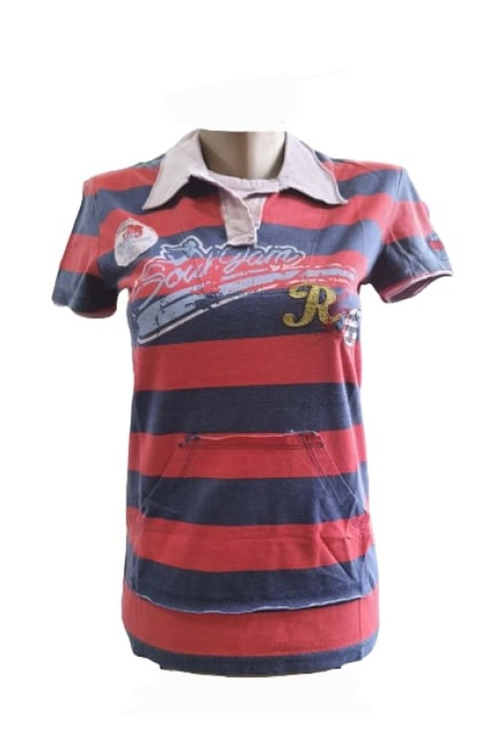 Xınt Kadın Polo Yaka Çizgili T-Shirt 6019 - Kırmızı - M