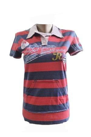 Xınt Kadın Polo Yaka Çizgili T-Shirt 6019 - Kırmızı - M