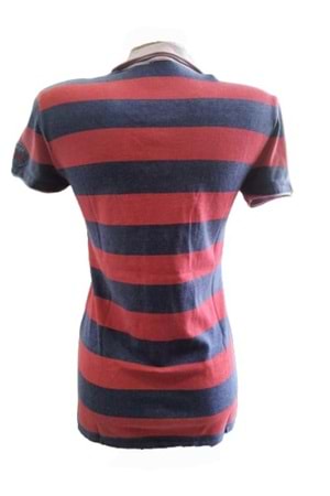 Xınt Kadın Polo Yaka Çizgili T-Shirt 6019 - Kırmızı - M
