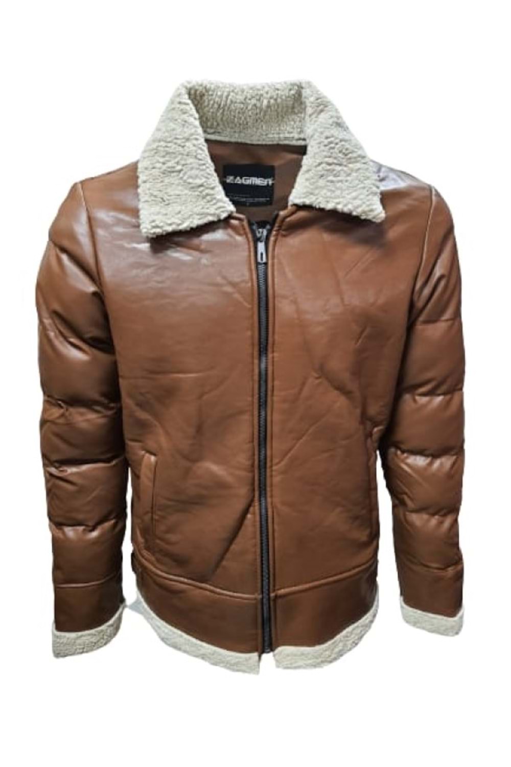 Zagmen Z01037 Erkek Yakası Kürklü Fermuarlı Deri Ceket - Z01037 - Açık Kahverengi - ST01037-Açık Kahverengi-S