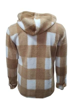 Yegua Y01092 Erkek Kareli Kapüşonlu Kuzu Peluş Hırka - Y01092 - Açık Kahverengi - ST01092-Açık Kahverengi-L