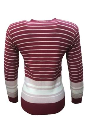 Me-Na 3040 Kadın Triko İnce Çizgili Önden Düğmeli Hırka - Kırmızı