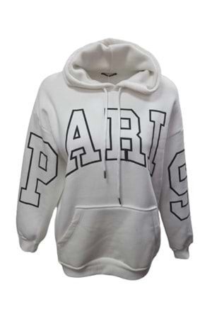 Z&M Fashion Z01126 Kadın Oversize Kapüşonlu Baskılı Üç İplik Şardonlu Sweatshirt - Z01126 - Beyaz - ST01126-Beyaz-L