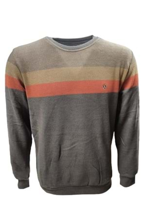 Rey Polo R01130 Erkek Basic Selanik Çizgili Sıfır Yaka Sweatshirt - ST01130-Kahverengi-M