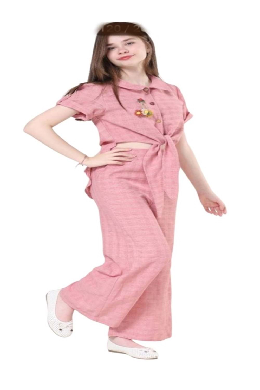 Gülücük Kids G01153-427 Kız Çocuk Keten Gömlek Pantolon Takım - Gülücük - Pembe - ST01153-Pembe-15 YAŞ