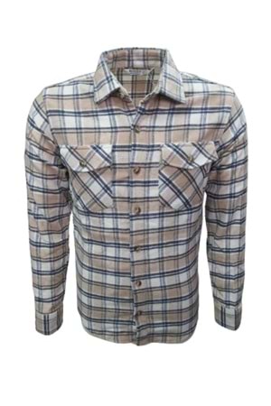 Ronex R01216 Erkek Oduncu Cepli Düğmeli Çizgili Gömlek - R01216 - Bej - ST01216-Bej-XXL