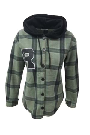 Viya V01219 Kadın Polar Kareli Düğmeli Kapüşonlu Sweatshirt - Yeşil - ST01219-Yeşil-XL