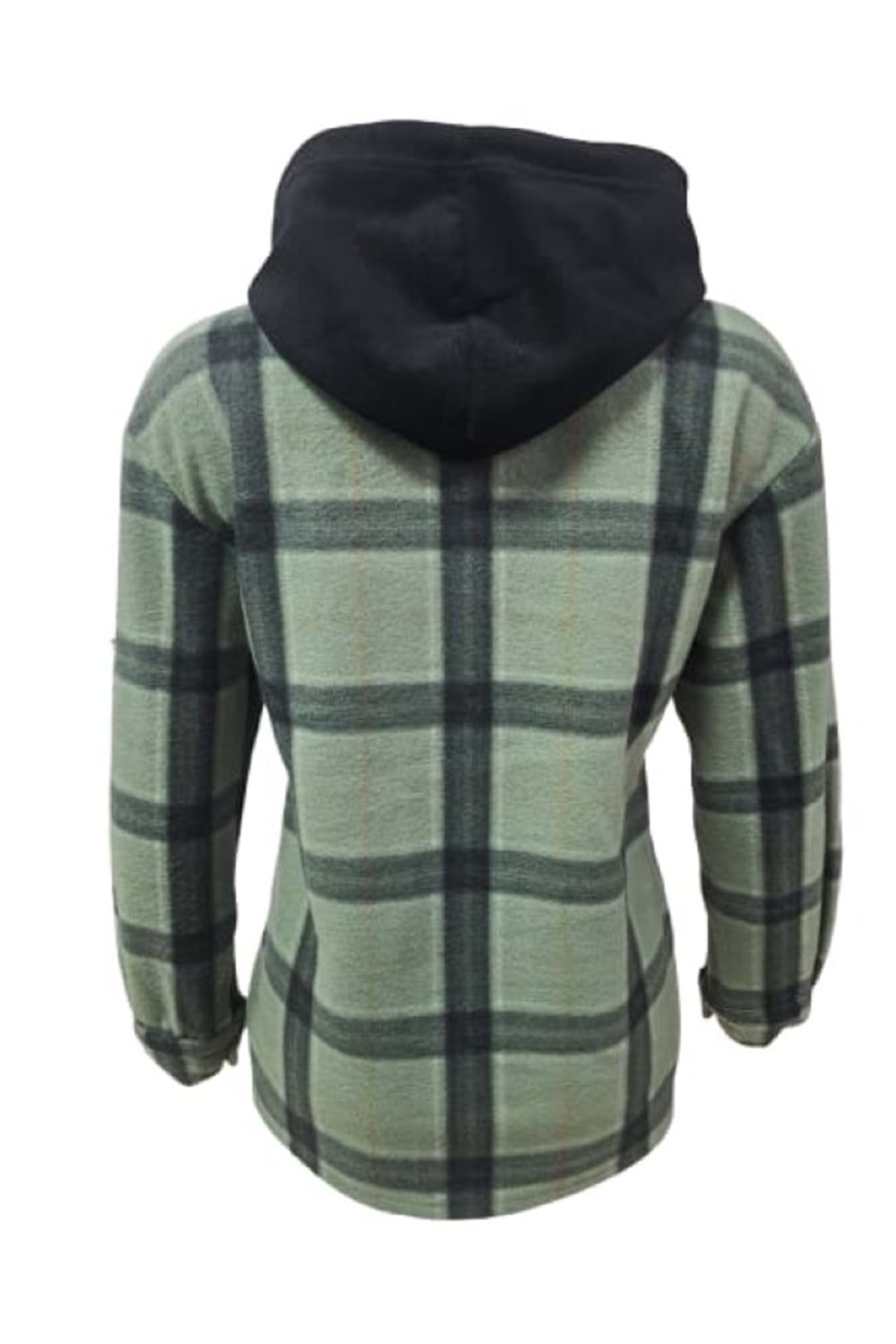 Viya V01219 Kadın Polar Kareli Düğmeli Kapüşonlu Sweatshirt - Yeşil - ST01219-Yeşil-XL