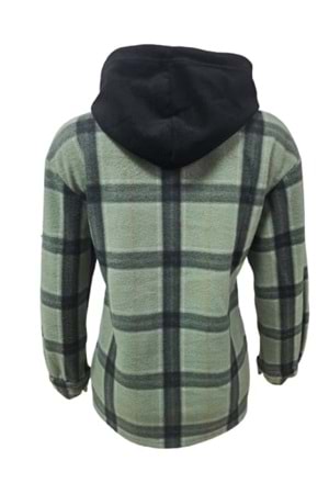 Viya V01219 Kadın Polar Kareli Düğmeli Kapüşonlu Sweatshirt - Yeşil - ST01219-Yeşil-XL