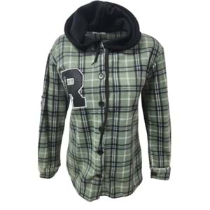 Viya V01219 Kadın Polar Kareli Düğmeli Kapüşonlu Sweatshirt