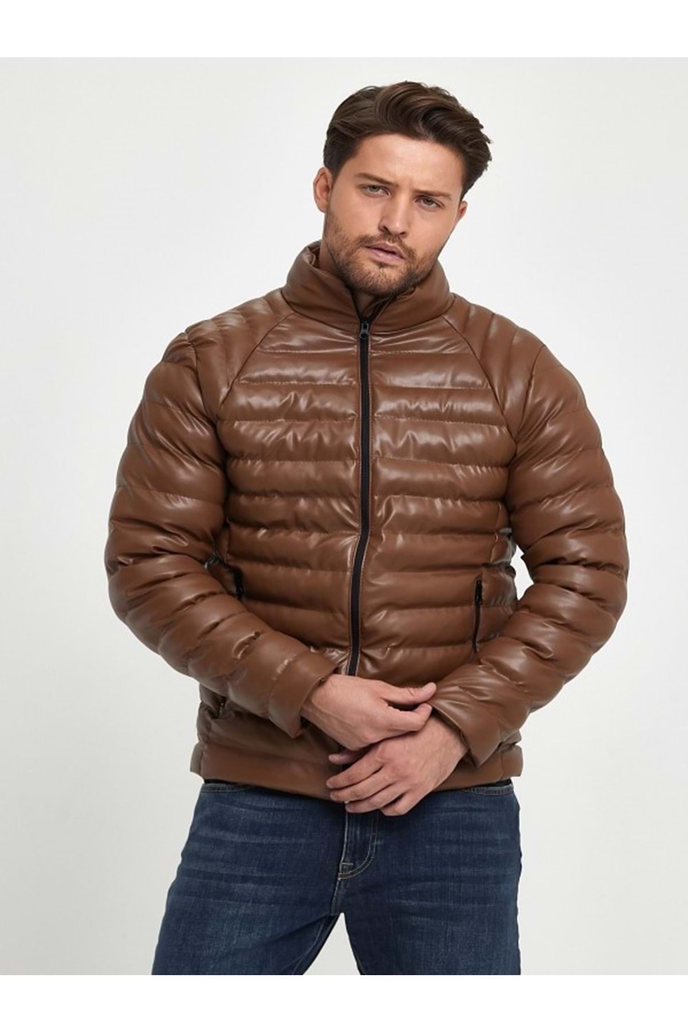 Zagmen Z01230 Erkek Slim Fit Şişme Deri Mont - Z01230 - Kahverengi - ST01230-Kahverengi-L