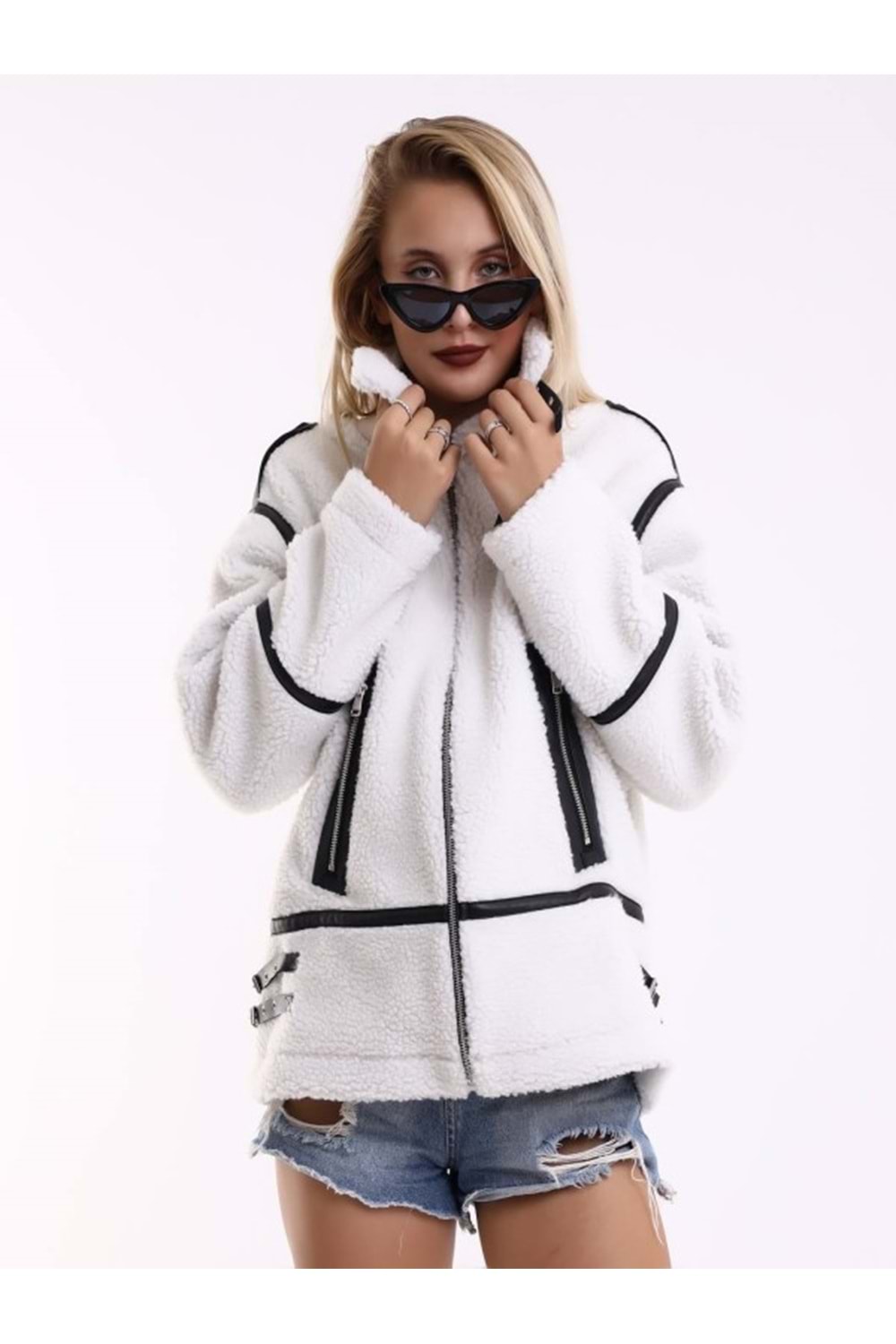 Mtn M2201 Kadın Oversize Tüylü Ceket - M2201 - Beyaz - ST01245-Beyaz-L