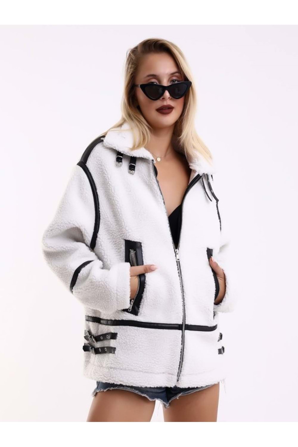 Mtn M2201 Kadın Oversize Tüylü Ceket - M2201 - Beyaz - ST01245-Beyaz-L