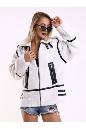 Mtn M2201 Kadın Oversize Tüylü Ceket - M2201 - Beyaz - ST01245-Beyaz-L