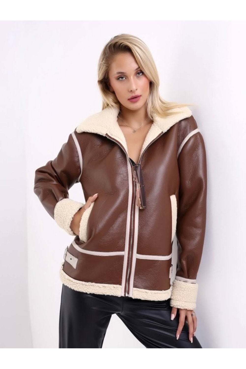 Mtn M2188 Kadın Deri İçi Kürklü Oversize Ceket - M2188 - Kahverengi - ST01276-Kahverengi-S