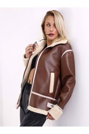 Mtn M2188 Kadın Deri İçi Kürklü Oversize Ceket - M2188 - Kahverengi - ST01276-Kahverengi-S