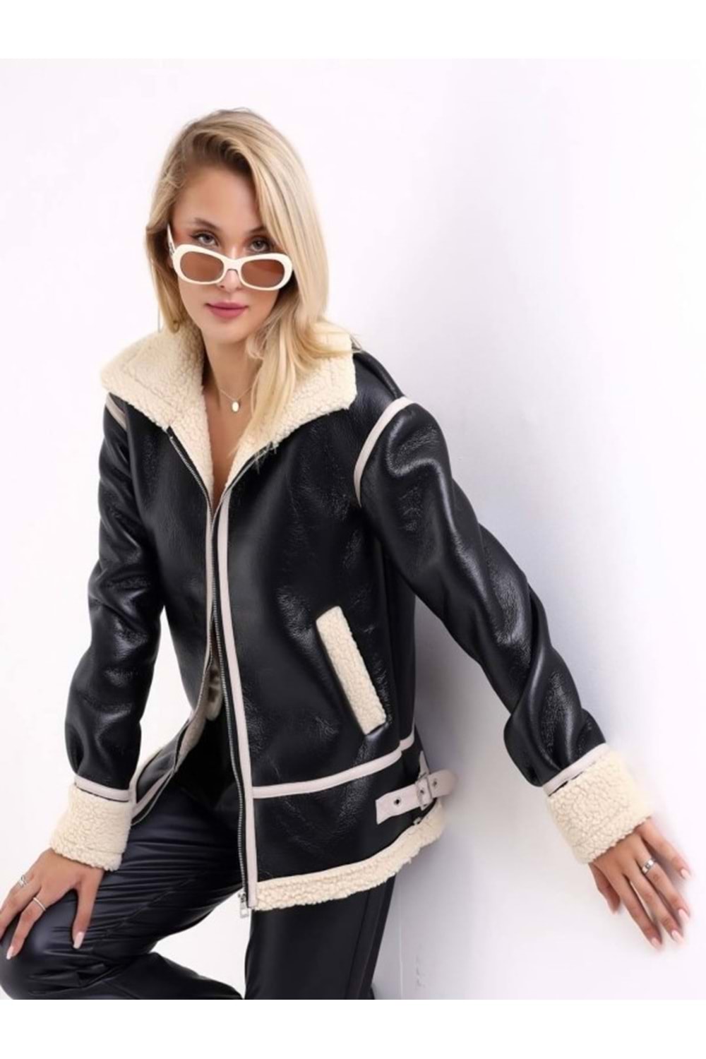 Mtn M2188 Kadın Deri İçi Kürklü Oversize Ceket - M2188 - Siyah - ST01276-Siyah-M