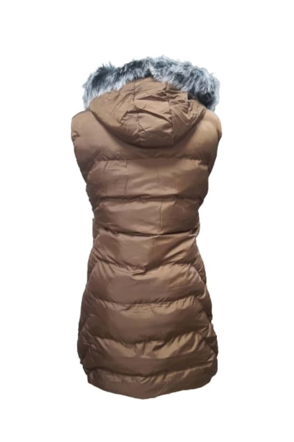 Ay Bilge A1006 Kadın Kapüşonlu Kürklü Kısa Şişme Yelek - A1006 - Kahverengi - ST01334-Kahverengi-38