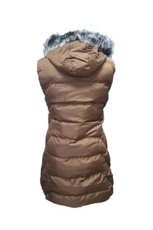 Ay Bilge A1006 Kadın Kapüşonlu Kürklü Kısa Şişme Yelek - A1006 - Kahverengi - ST01334-Kahverengi-38