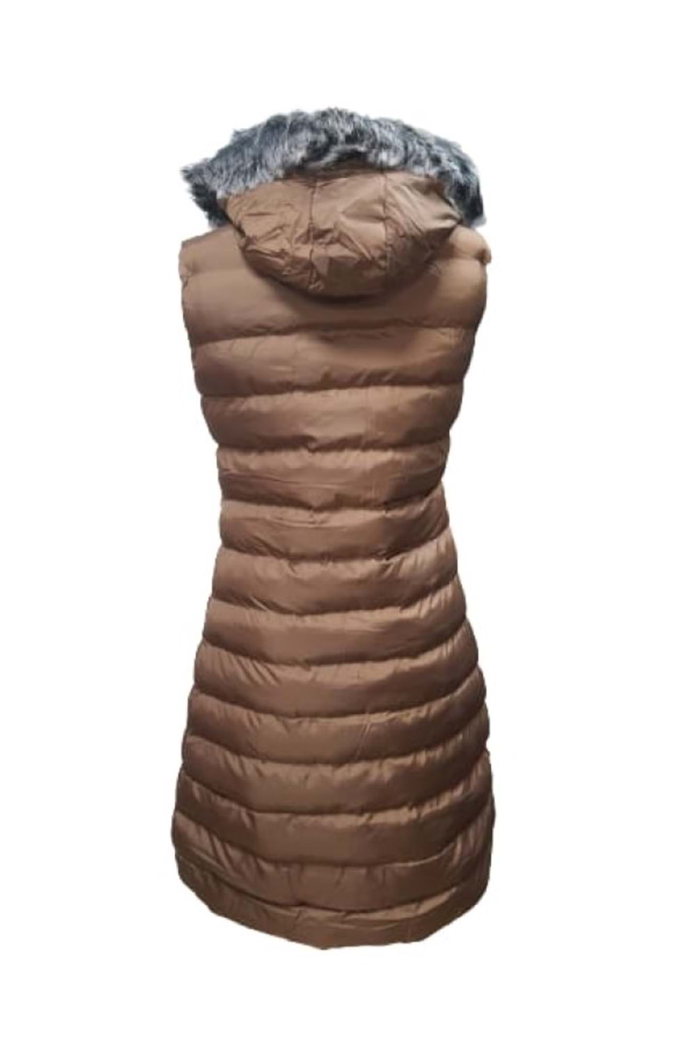 Ay Bilge A1015 Kadın Kapüşonlu Kürklü Uzun Şişme Yelek - A1015 - Kahverengi - ST01336-Kahverengi-38