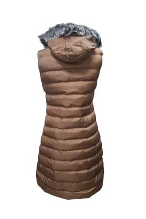 Ay Bilge A1015 Kadın Kapüşonlu Kürklü Uzun Şişme Yelek - A1015 - Kahverengi - ST01336-Kahverengi-38