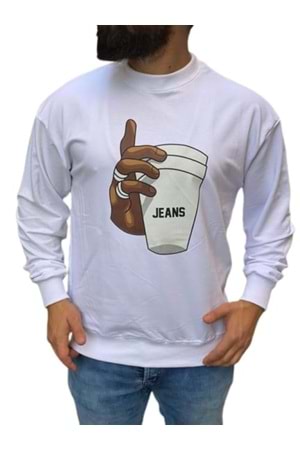 Braazi Erkek Basic Baskılı Sweatshirt St01533 - Beyaz