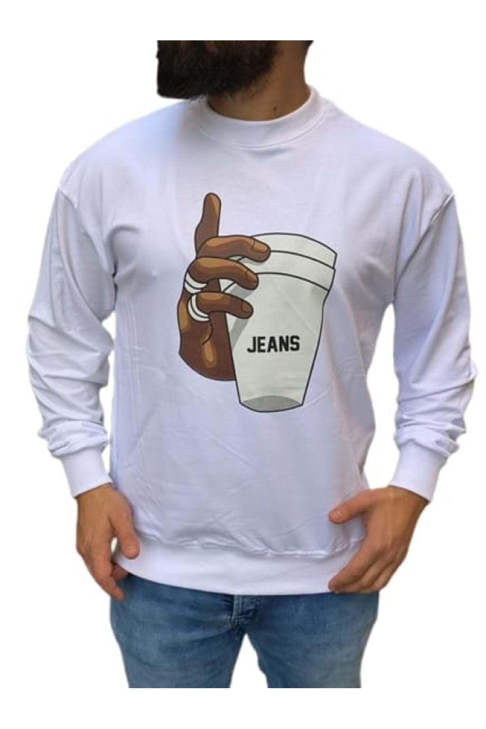 Braazi Erkek Basic Baskılı Sweatshirt St01533 - Beyaz