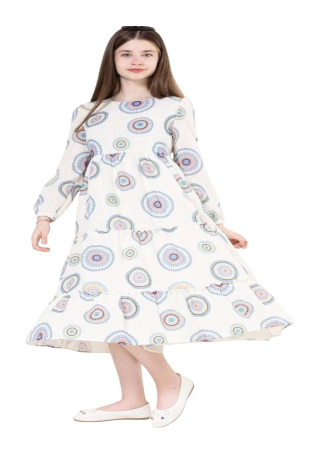 Gülücük Kids G01602-429 Kız Çocuk Keten Desenli Elbise - Gülücük - Beyaz - ST01602-Beyaz-11 YAŞ