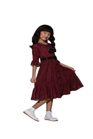 Gülücük Kids Kız Çocuk Çiçekli Şifon Elbise 854 - Bordo - 10 YAŞ