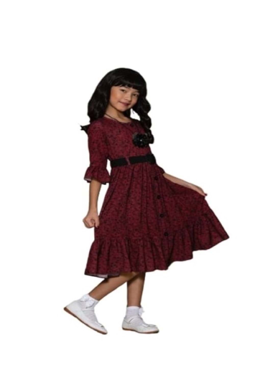 Gülücük Kids Kız Çocuk Çiçekli Şifon Elbise 854 - Bordo - 7 YAŞ