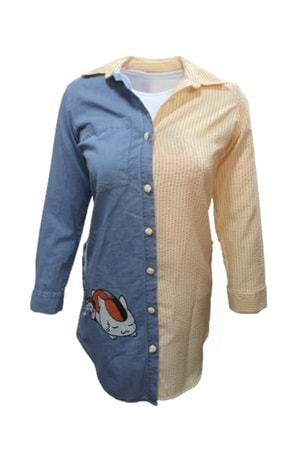 Melif Kadın Kot Gömlek İçi T-shirt İkili Takım 222 - Mavi - L