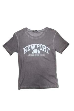 Myzen Kadın Newport Baskılı Yıkamalı Crop T-shirt M-03436 - Açık Kahverengi - L