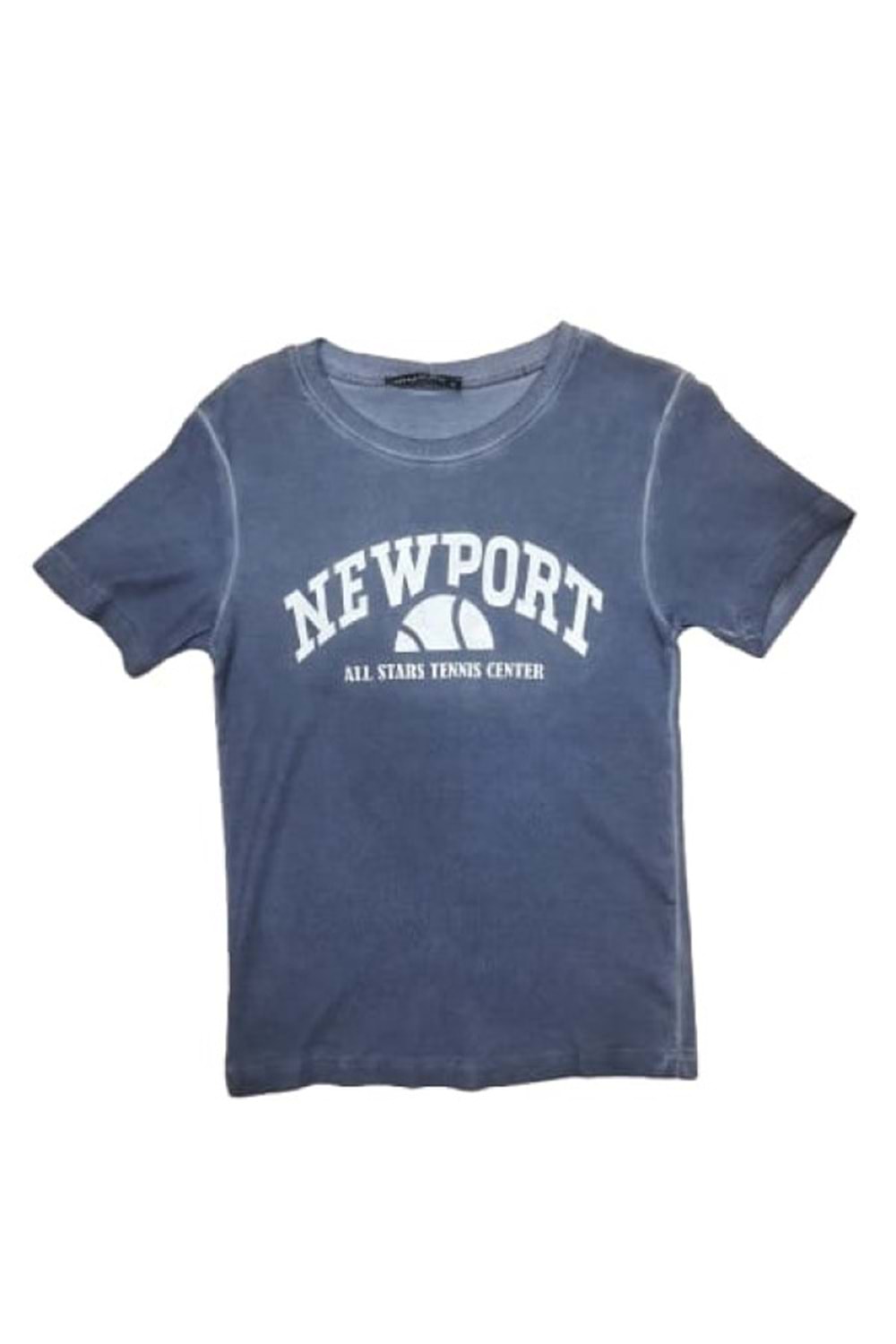 Myzen Kadın Newport Baskılı Yıkamalı Crop T-shirt M-03436 - İndigo - L