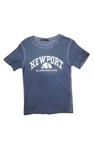 Myzen Kadın Newport Baskılı Yıkamalı Crop T-shirt M-03436 - İndigo - L
