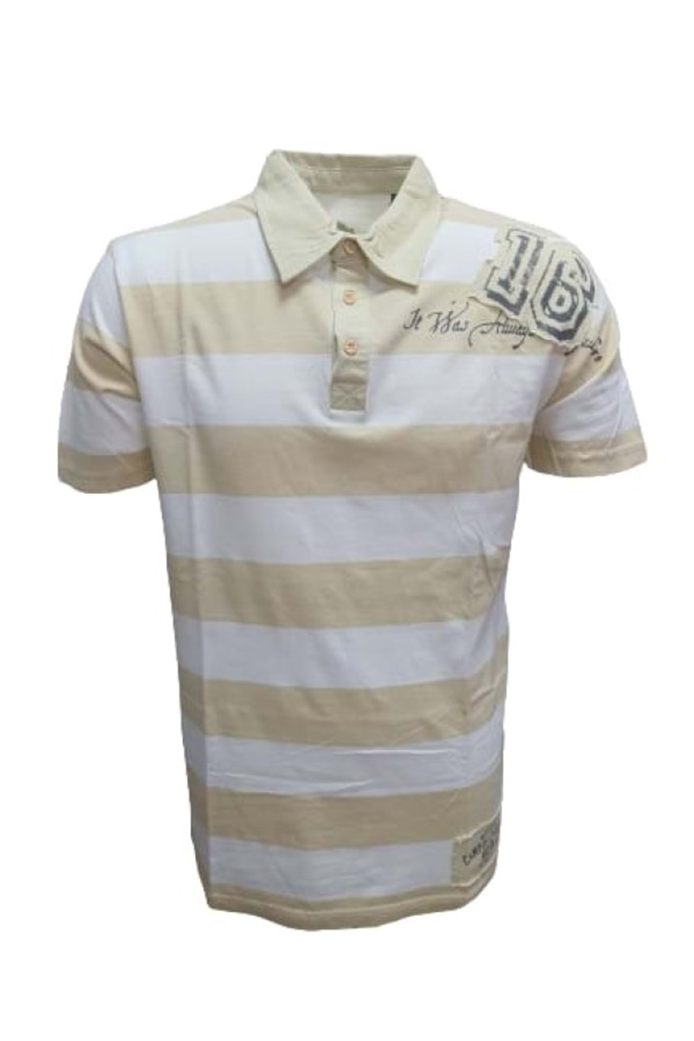 Xınt X5183 Erkek Penye Baskılı Polo Yaka Kısa Kollu Çizgili T-shirt - Bej