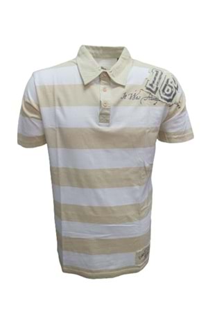 Xınt X5183 Erkek Penye Baskılı Polo Yaka Kısa Kollu Çizgili T-shirt - Bej