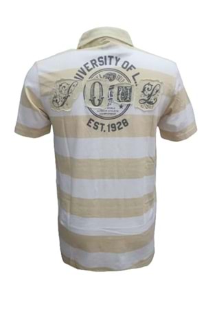 Xınt X5183 Erkek Penye Baskılı Polo Yaka Kısa Kollu Çizgili T-shirt - Bej
