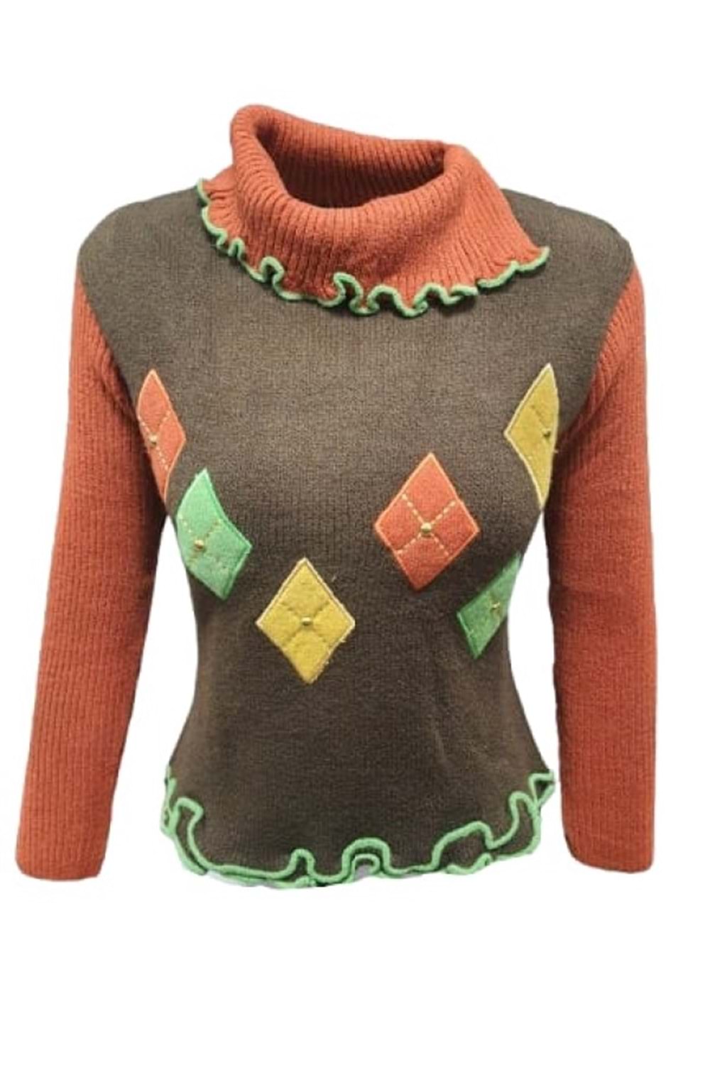 Sandora S02669 Kadın Desenli Akrilik Triko Boğazlı Kazak - Kahverengi - ST02669-Kahverengi-TEK EBAT